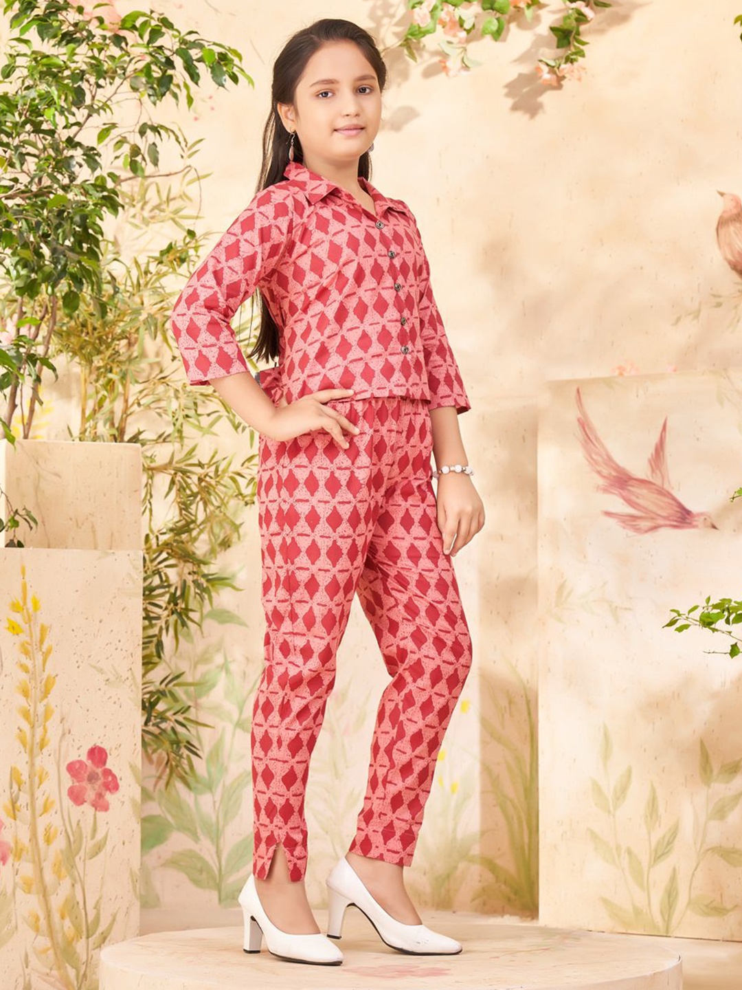 

BAESD Girls Printed Pure Cotton Shirt With Trousers, Maroon