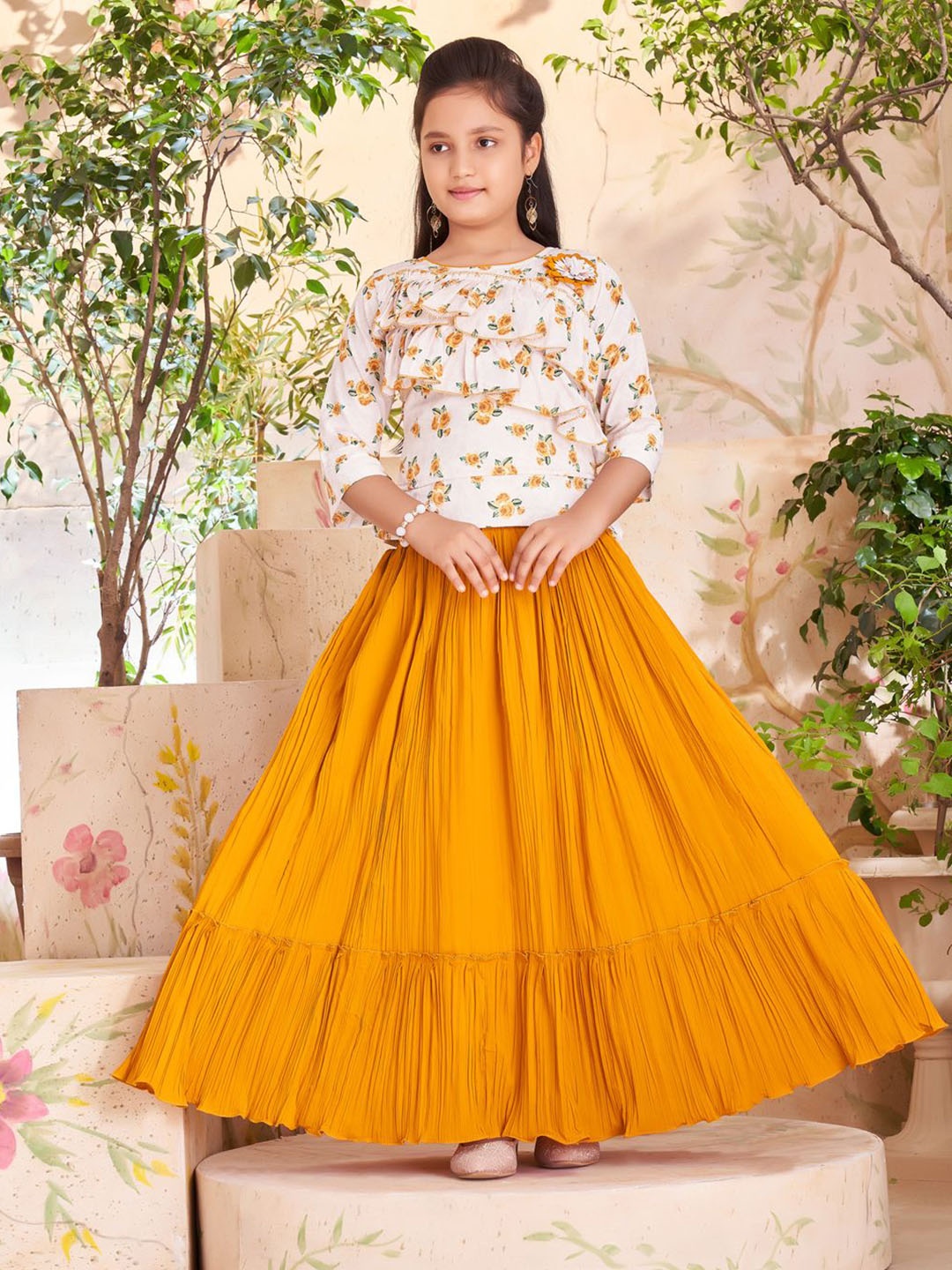 

BAESD Girls Printed Pure Cotton Top With Skirt, Mustard