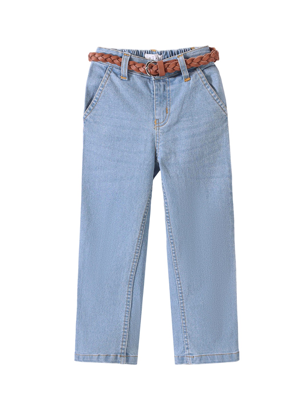 

ARIAS By LARA DUTTA Girls Straight Fit Stretchable Jeans with Leather Braided Belt, Blue