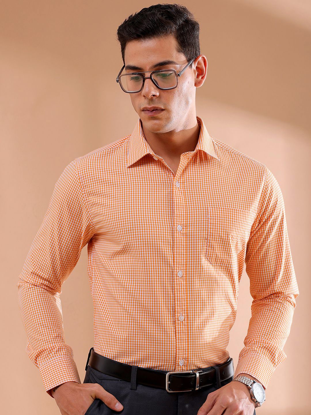 

The Indian Garage Co. X Luxe Men Slim Fit Micro Checks Formal Shirt, Orange