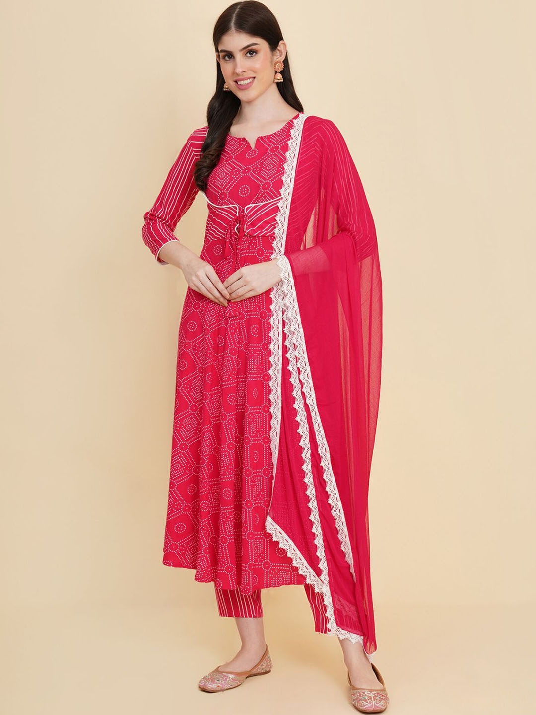 

ODETTE Printed Anarkali Kurta with Trousers & Dupatta, Pink