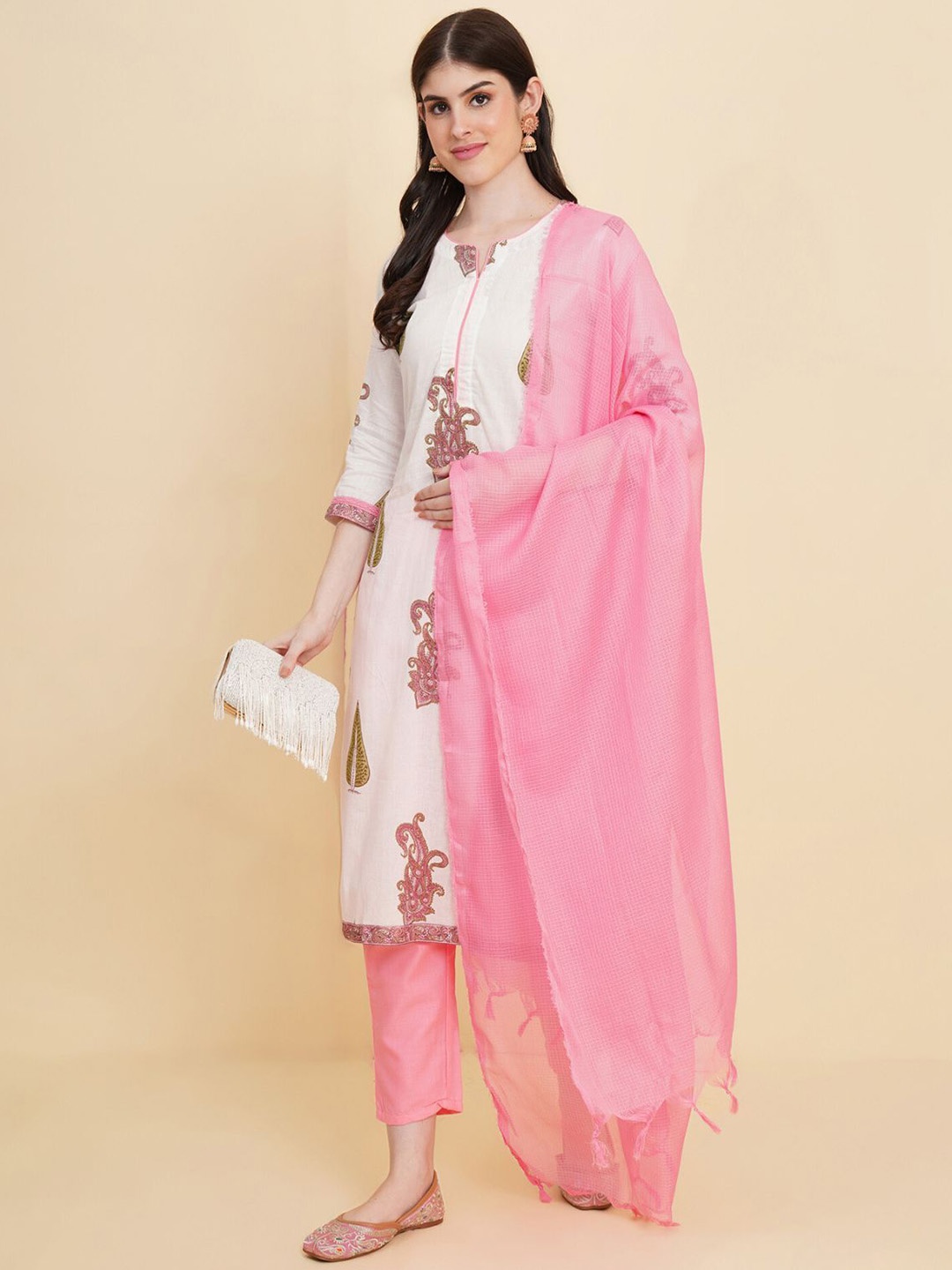 

ODETTE Floral Printed Regular Kurta with Trousers & Dupatta, White