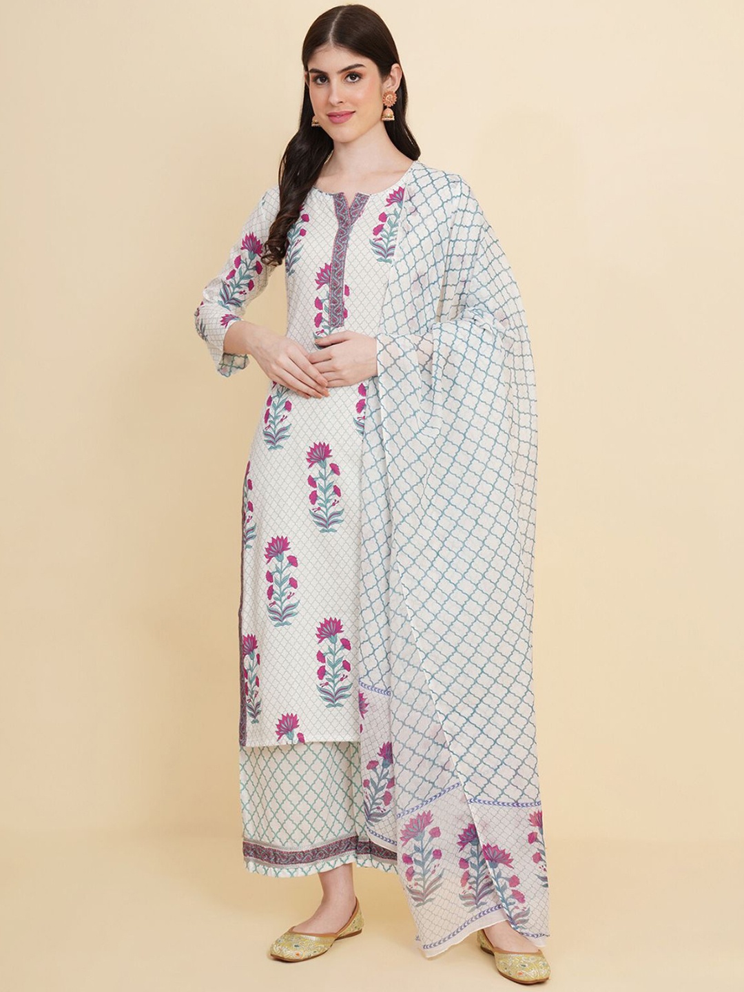 

ODETTE Floral Printed Straight Kurta With Palazzos & Dupatta, White