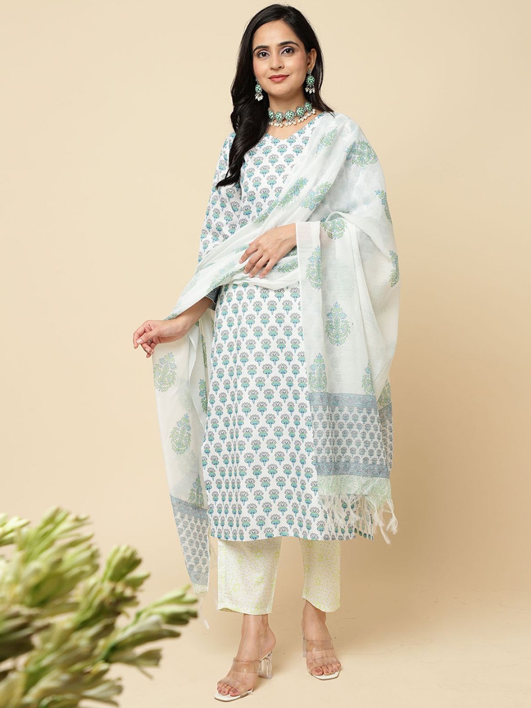 

ODETTE Floral Printed V-Neck Straight Kurta With Trousers & Dupatta, Blue