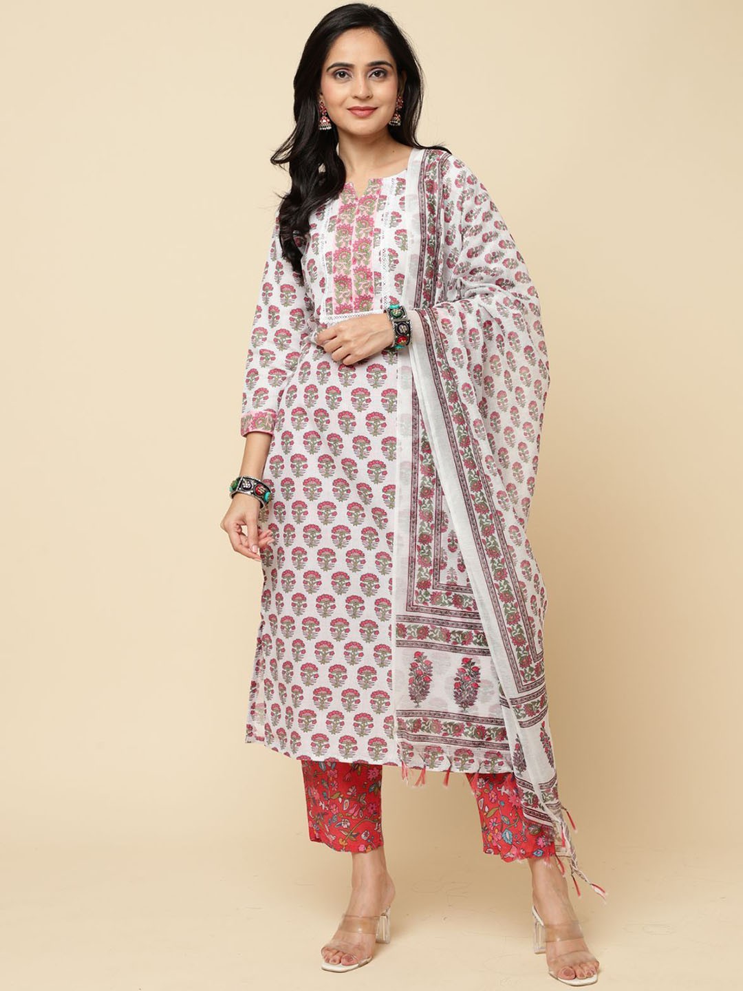 

ODETTE Floral Printed Straight Kurta With Trousers & Dupatta, Red