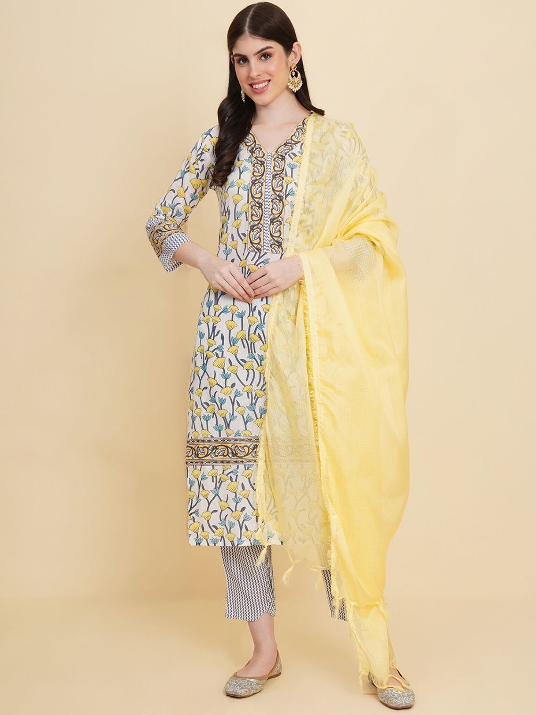 

ODETTE Floral Printed V-Neck Straight Kurta With Trousers & Dupatta, White