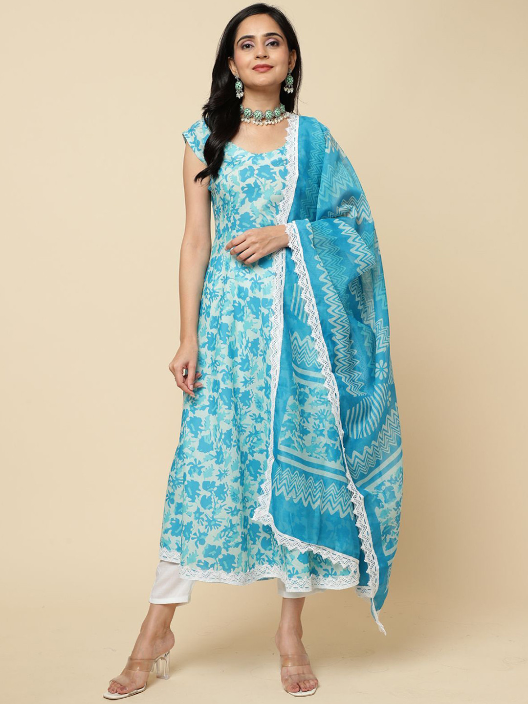 

ODETTE Floral Printed Straight Kurta With Trousers & Dupatta, Blue