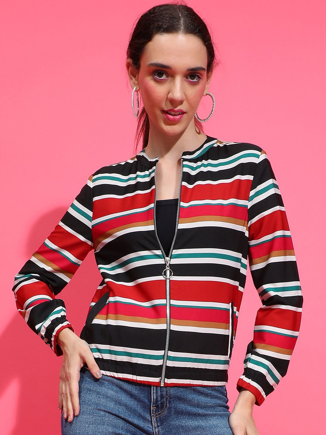 

Oxolloxo Women Striped Lightweight Bomber Jacket, Black