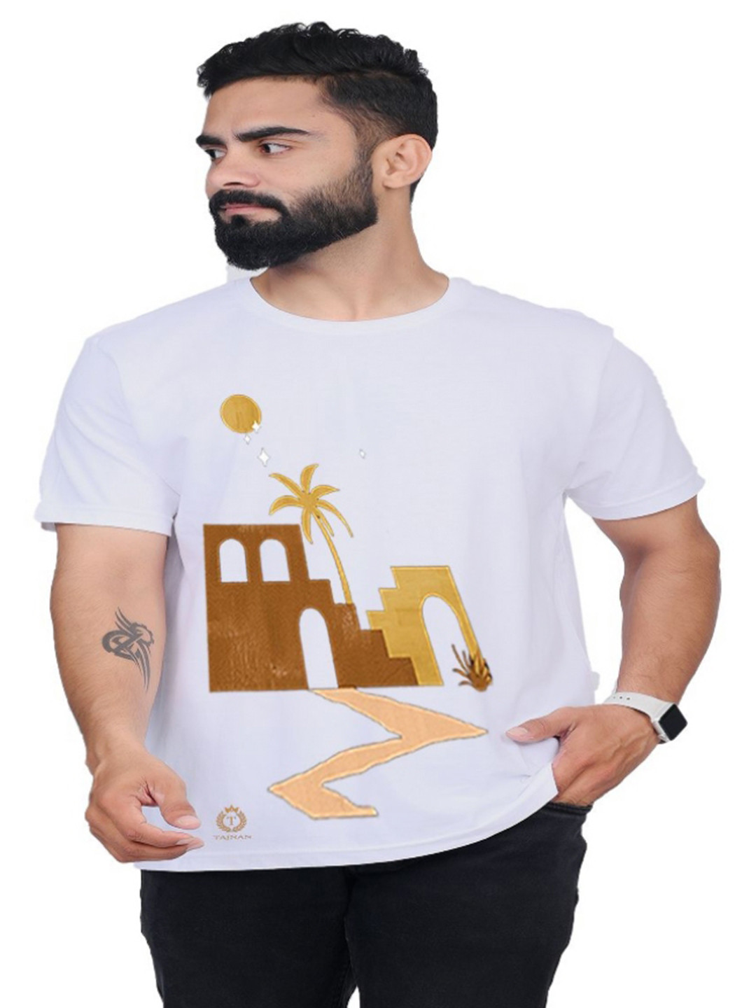 

TAJNAN Men Printed Raw Edge T-shirt, White
