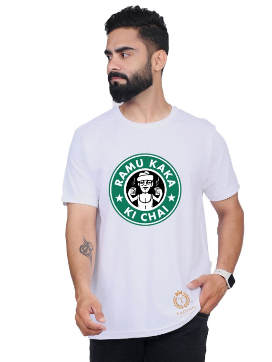 

TAJNAN Men Printed Raw Edge T-shirt, White