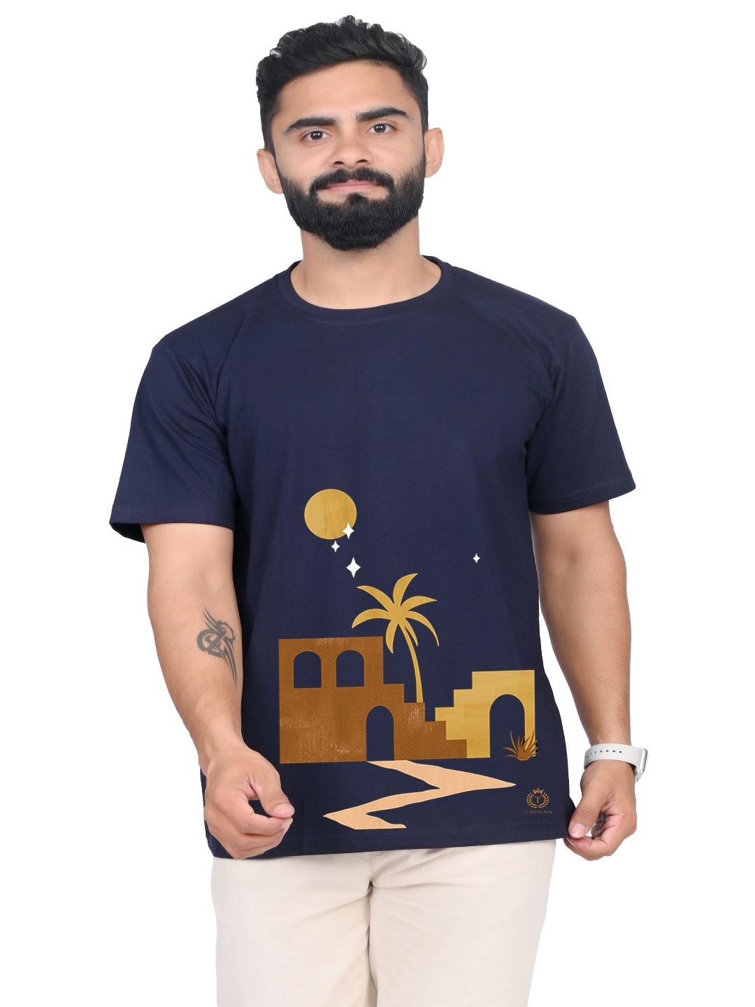 

TAJNAN Men Typography Printed Applique T-shirt, Blue