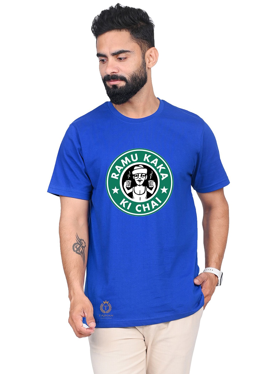 

TAJNAN Men Typography Printed Applique T-shirt, Blue