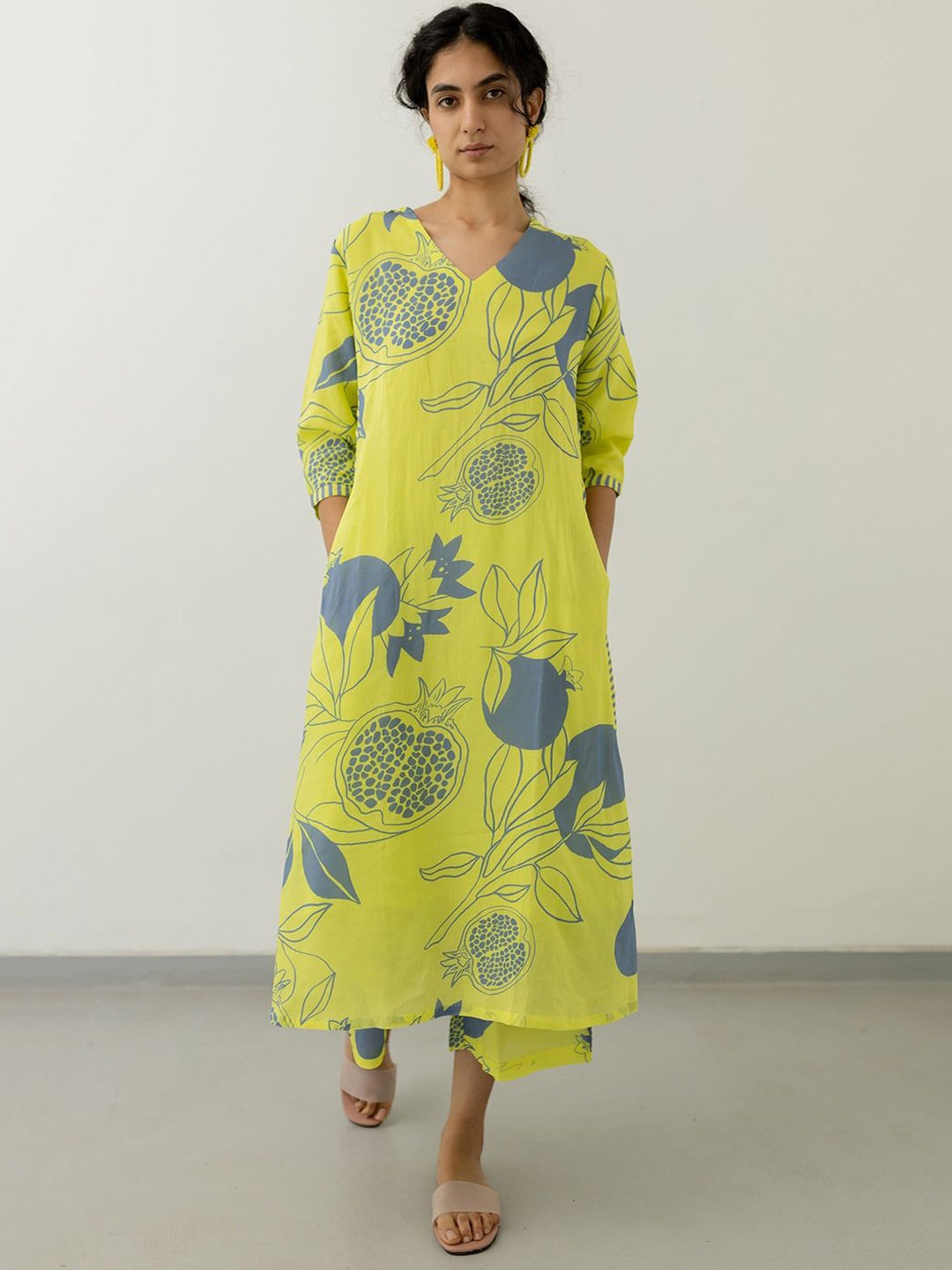 Royal Export Floral Printed V-Neck Straight Kurta With Palazzos, Yellow