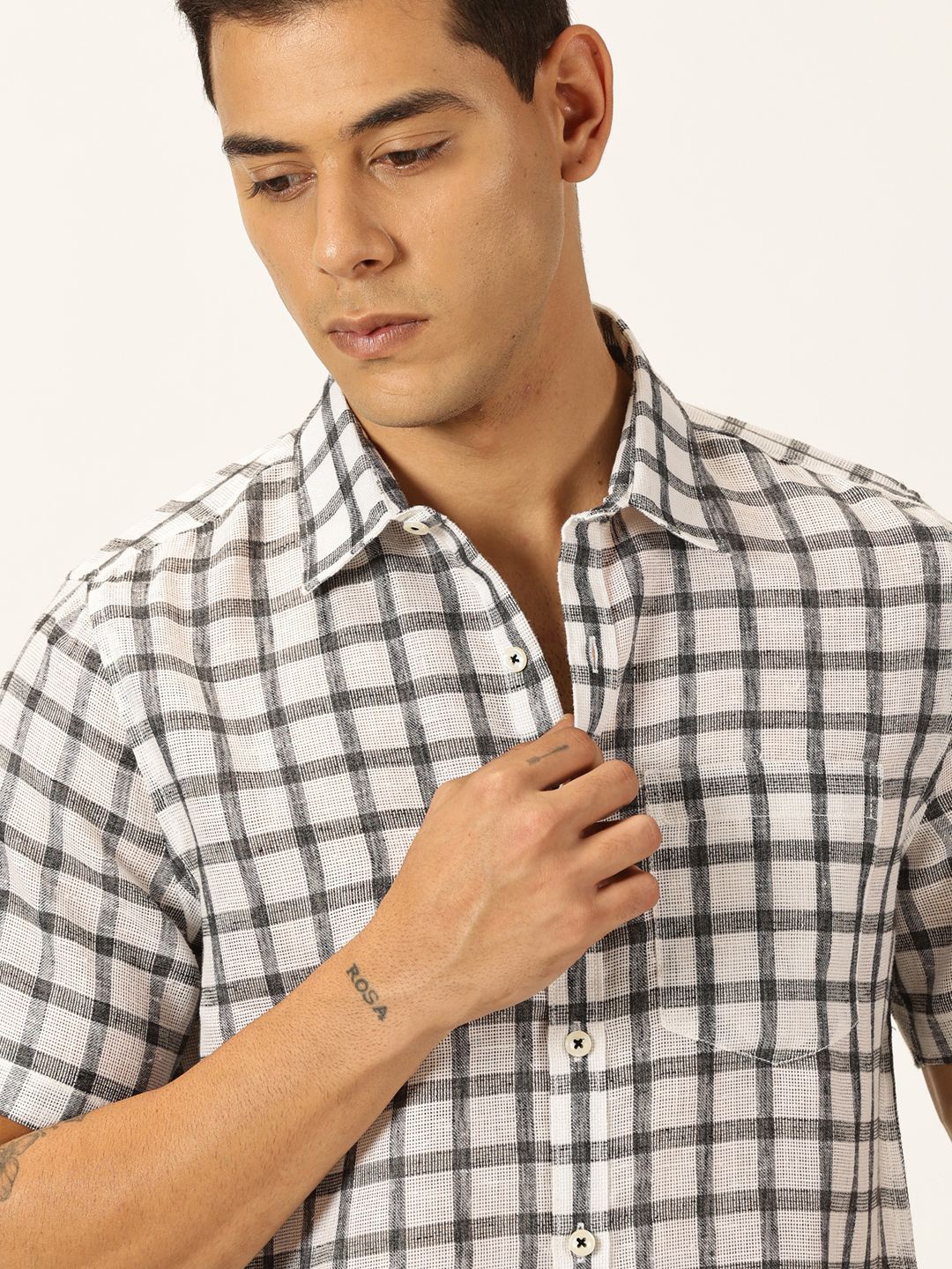 

Thomas Scott Men Premium Tartan Checks Checked Cotton & Linen Casual Shirt, Black