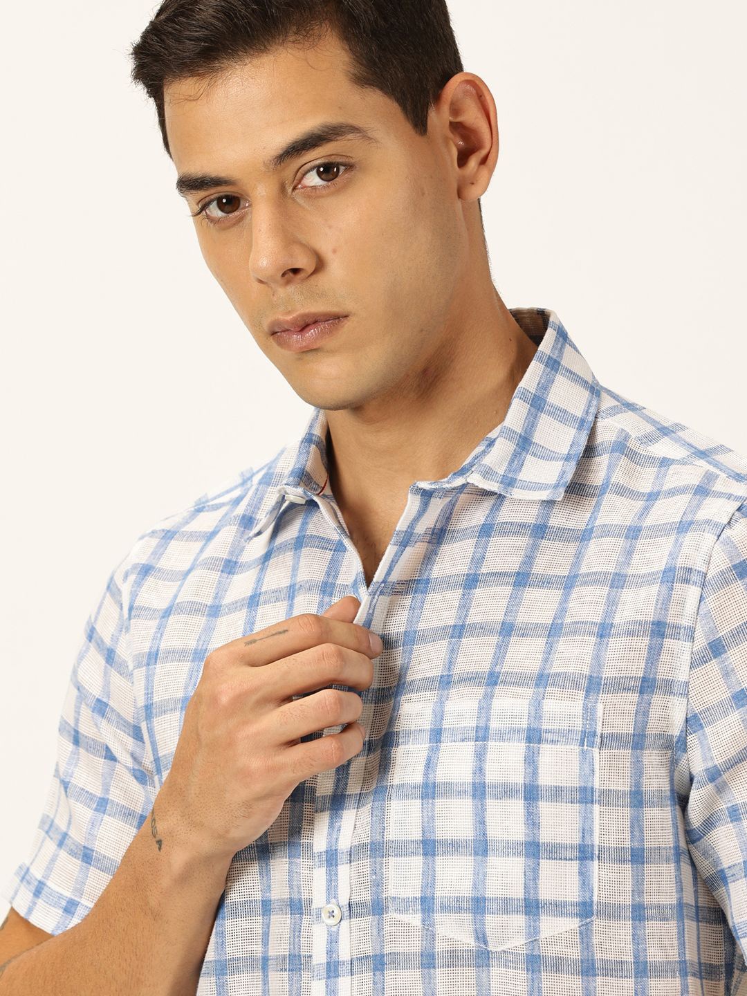 

Thomas Scott Men Premium Tartan Checks Checked Cotton & Linen Casual Shirt, Blue