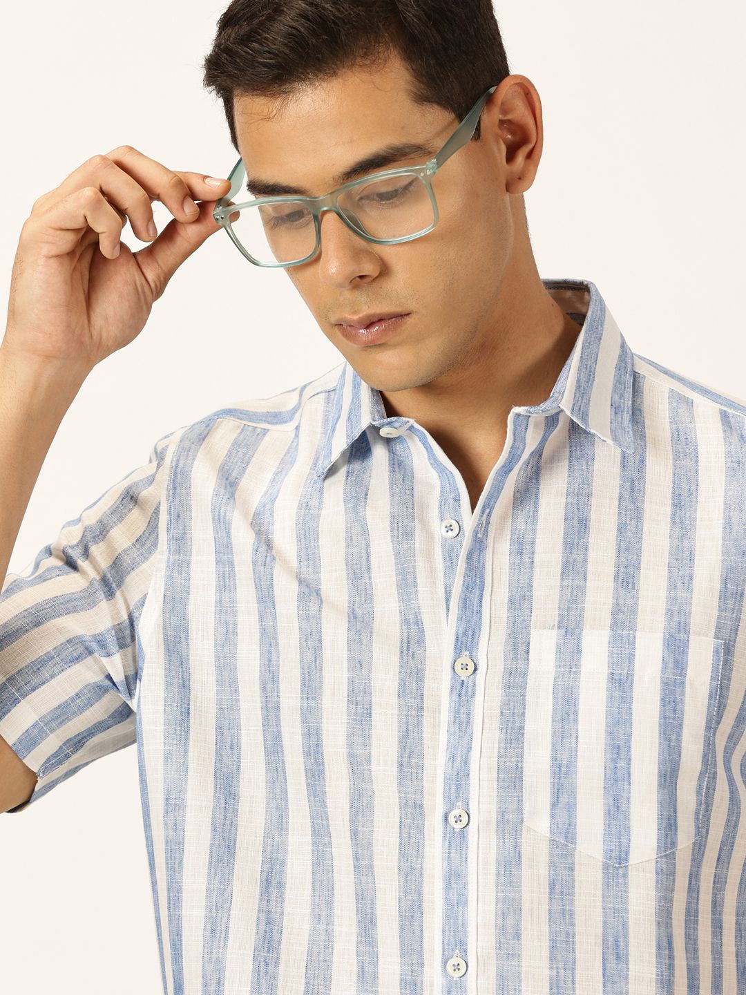 

Thomas Scott Men Premium Vertical Stripes Cotton & Linen Casual Shirt, Blue