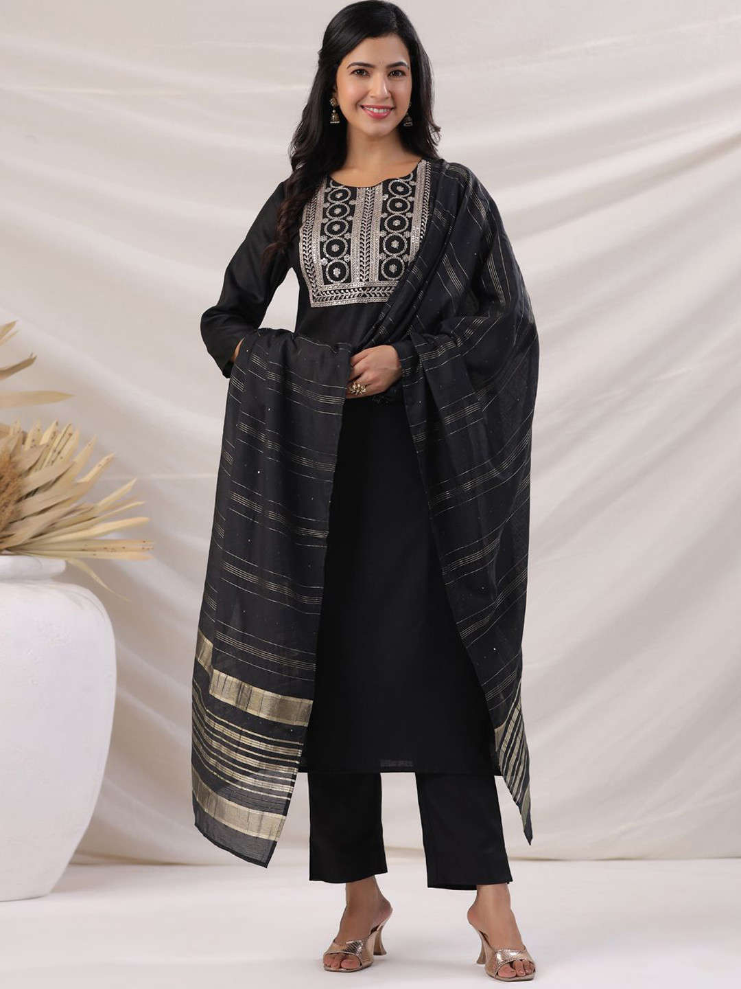 

KALINI Floral Embroidered Sequinned Straight Kurta with Trousers & Dupatta, Black