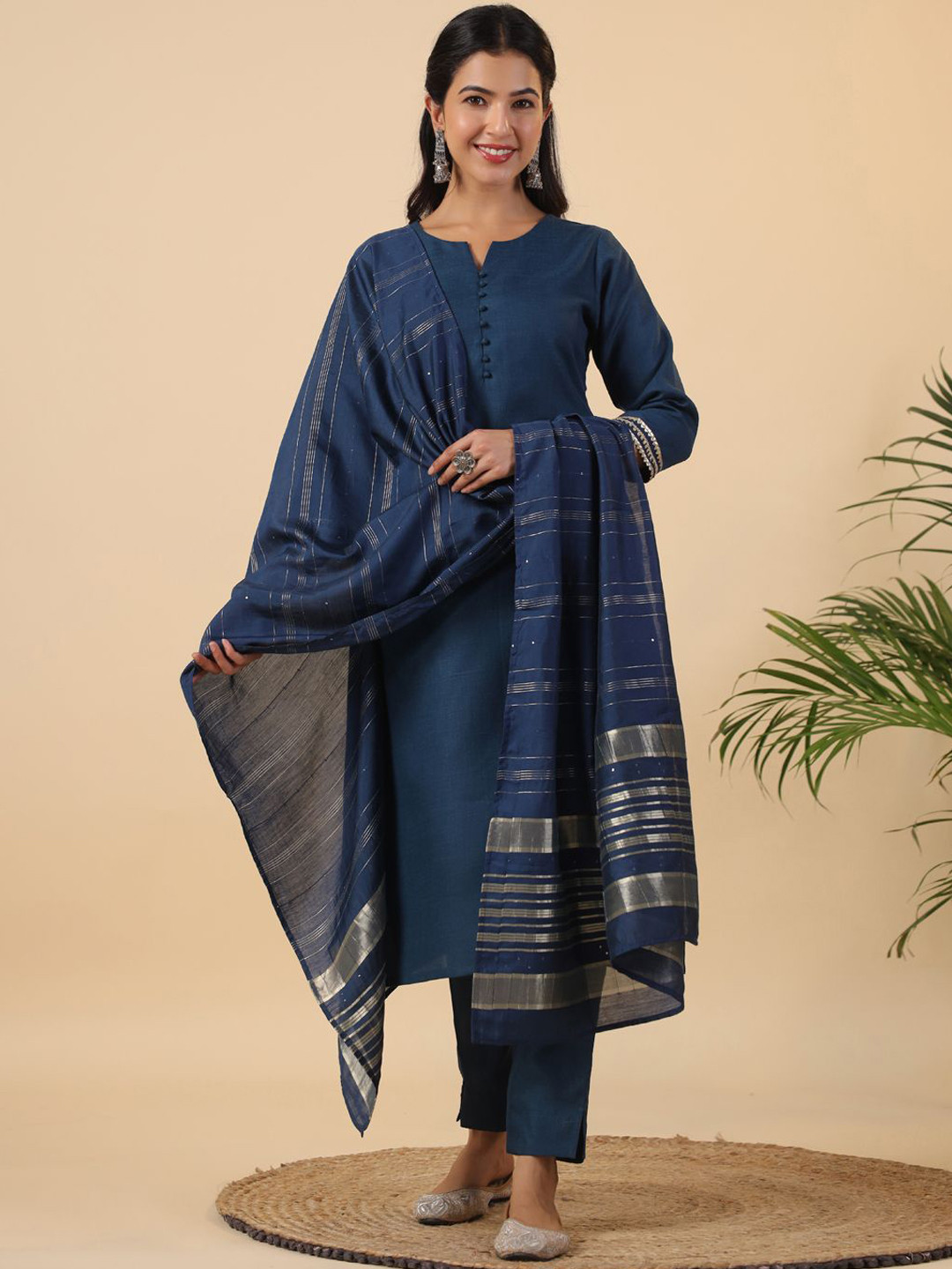 

KALINI Straight Kurta with Trousers & Dupatta, Teal