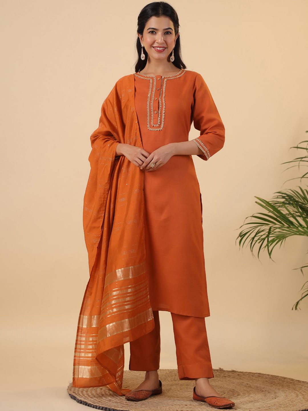 

KALINI Yoke Design Straight Kurta with Trousers & Dupatta, Rust