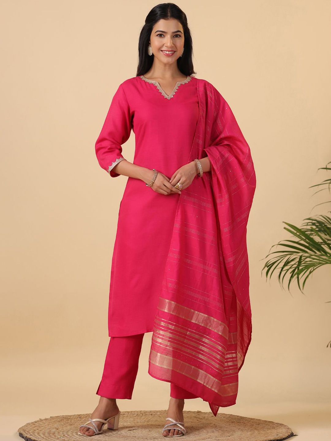 

KALINI Notch Neck Straight Kurta with Trousers & Dupatta, Pink