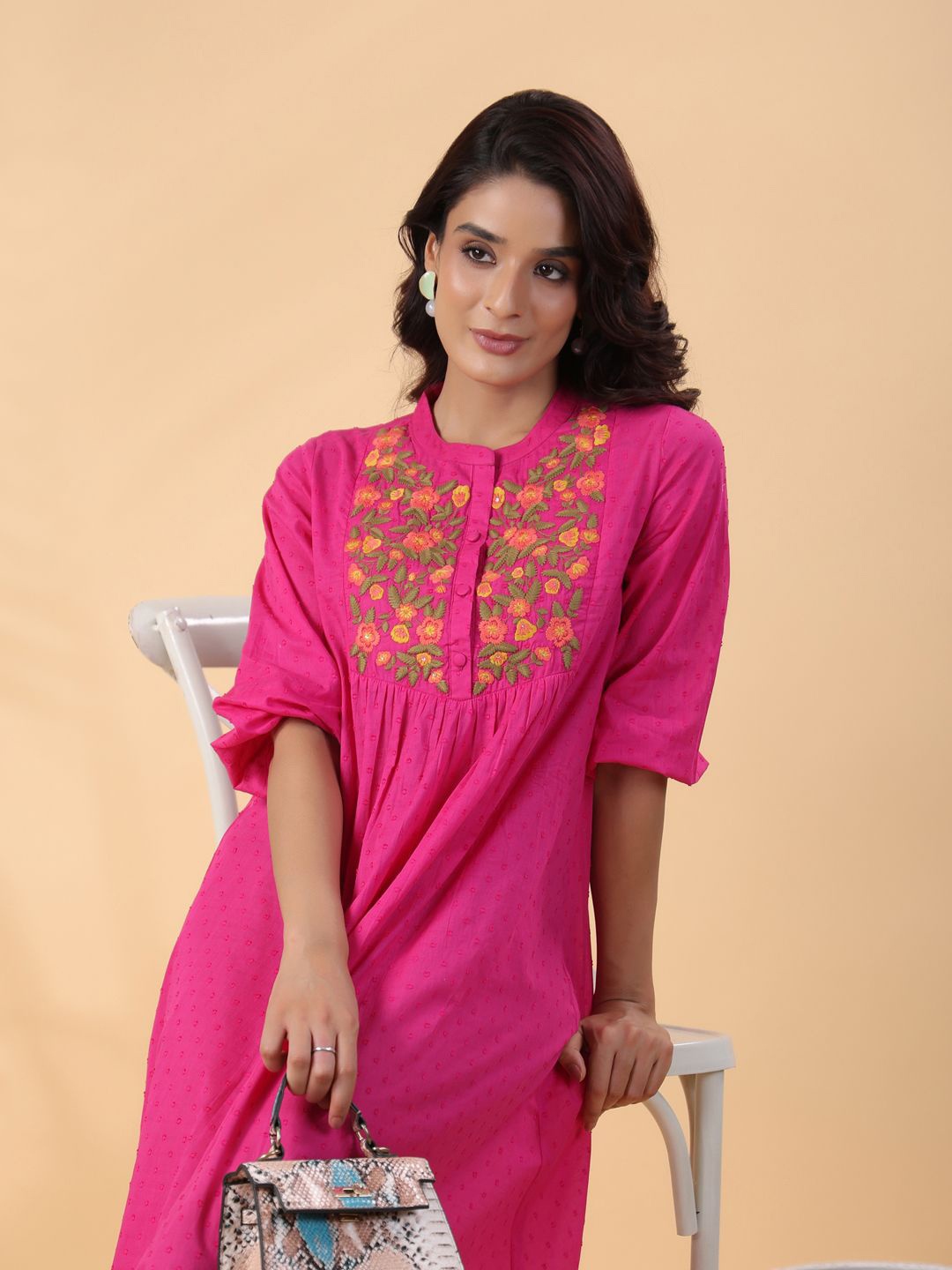 

Janasya Embroidered Puff Sleeve A-Line Midi Ethnic Dress, Pink