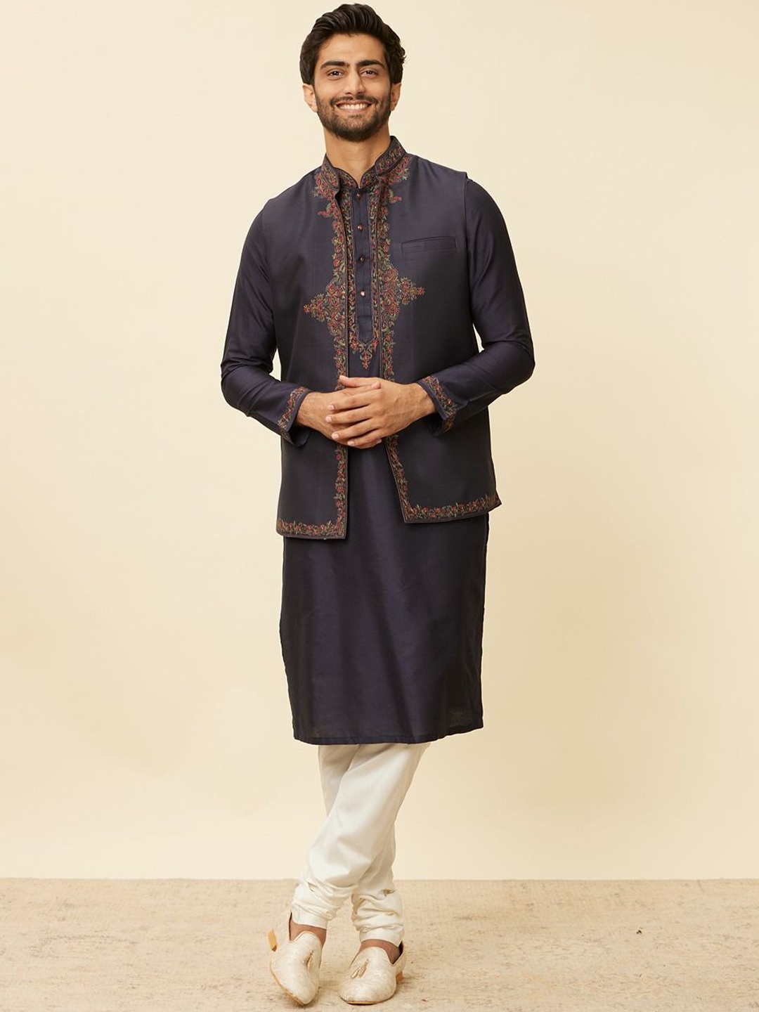 

Twamev Thread Work Straight Kurta Set with Jacket, Brown