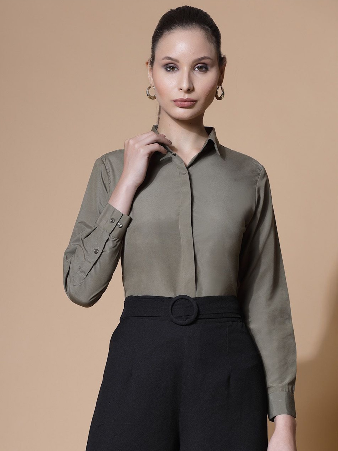 

DressBerry Women Smart Slim Fit Opaque Casual Shirt, Olive