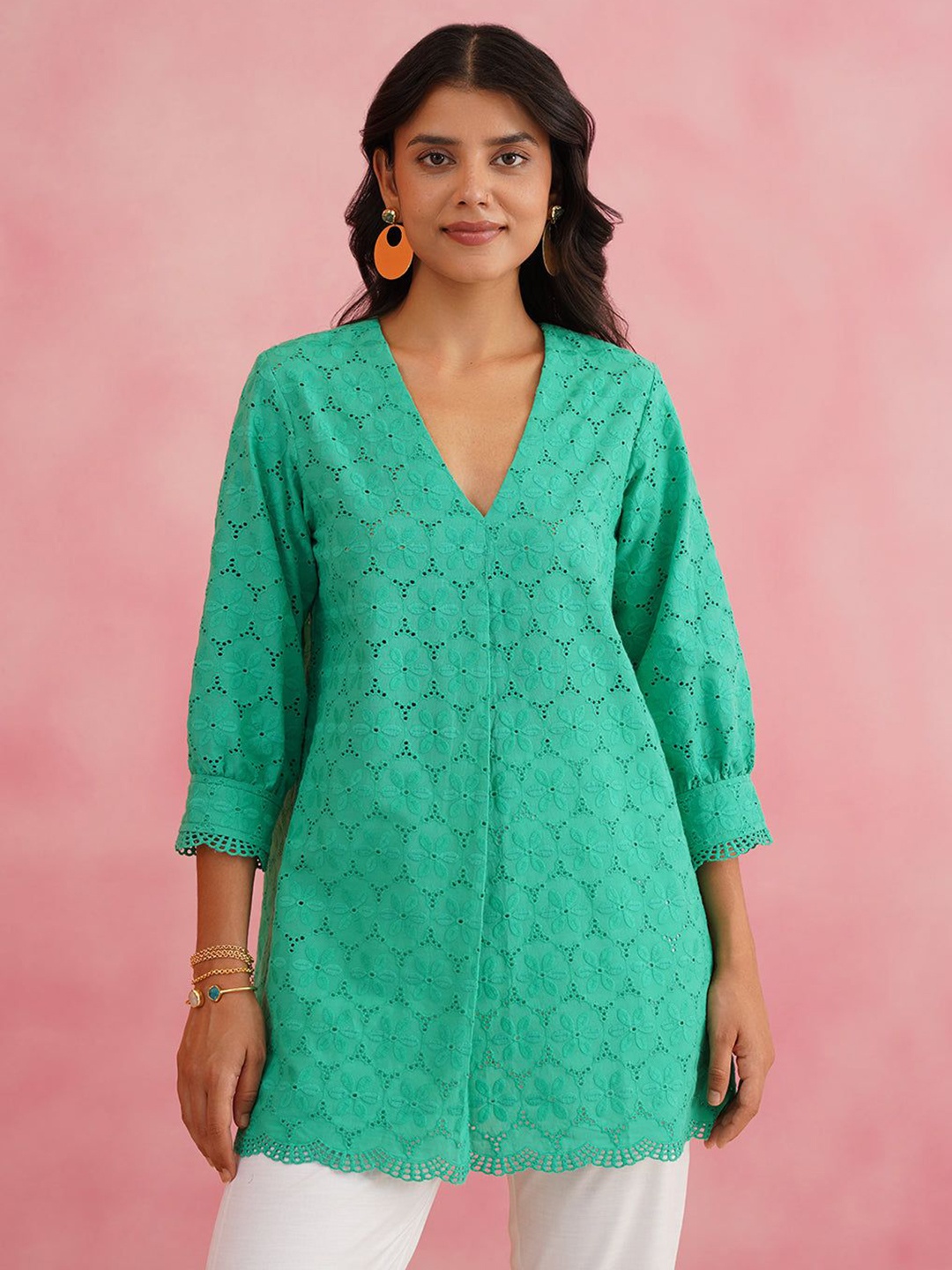 

INCHING INDIA Self Design Pure Cotton Top, Green