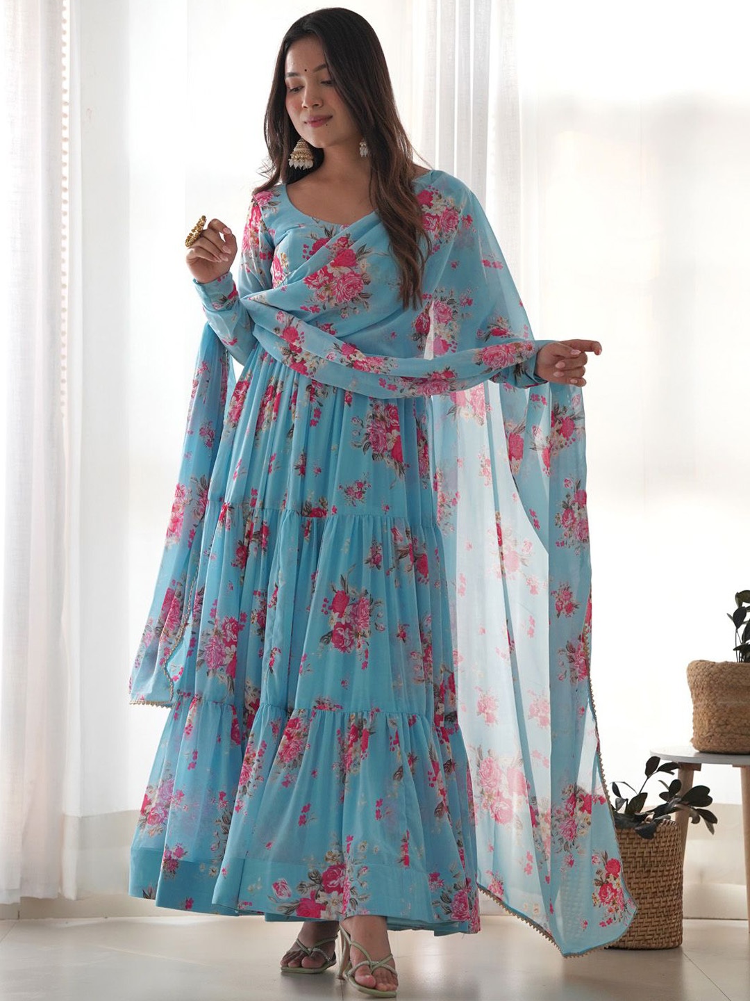 

JATRIQQ Floral Printed Layered Anarkali Georgette Kurta with Trousers & Dupatta, Blue