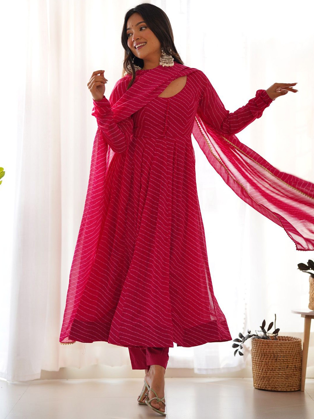 

JATRIQQ Leheriya Printed Anarkali Kurta with Trousers & Dupatta, Magenta