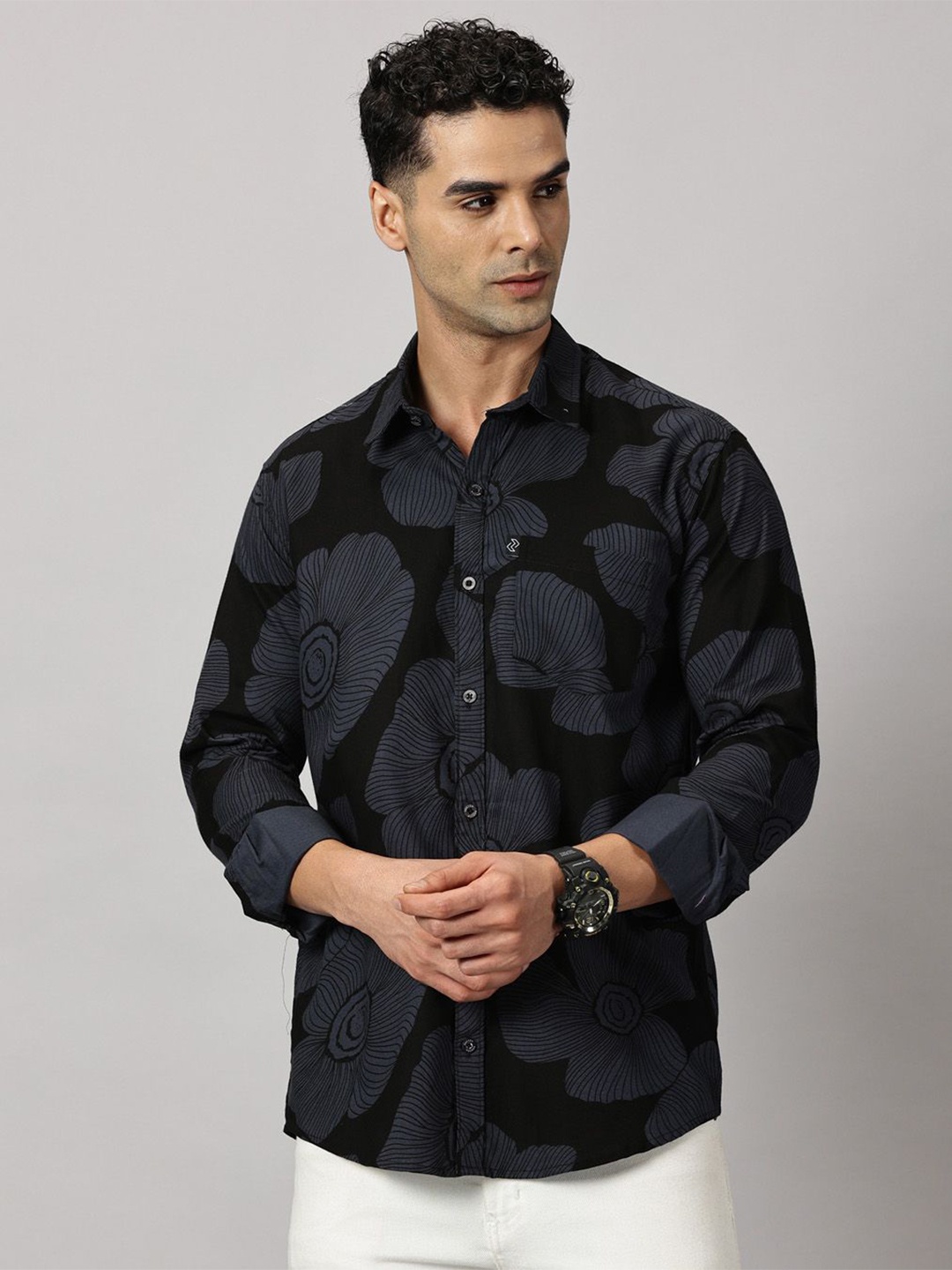 

Rodzen Men Standard Floral Opaque Printed Casual Shirt, Blue