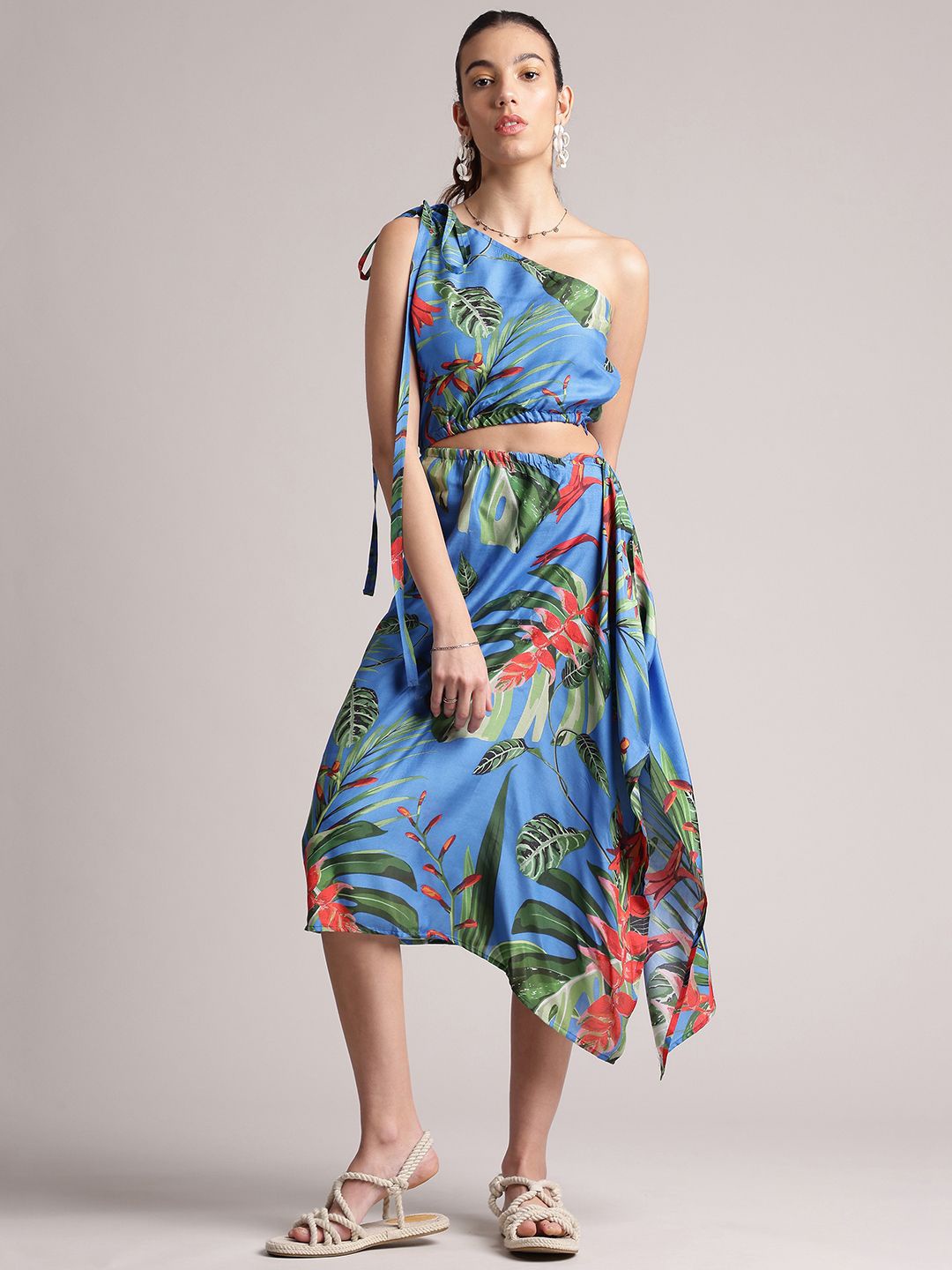 

Zaccai Women's Muslin Tropical Printed One Shoulder side cut Midi Dress, Blue