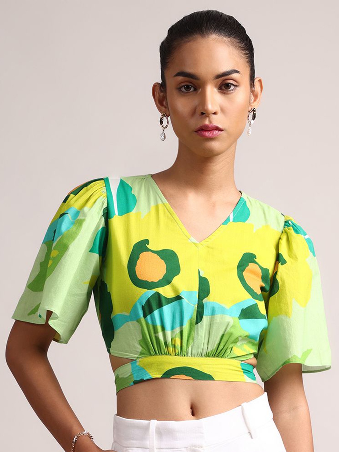 

ZACCAI Printed Flared Sleeve Cotton Crop Top, Green