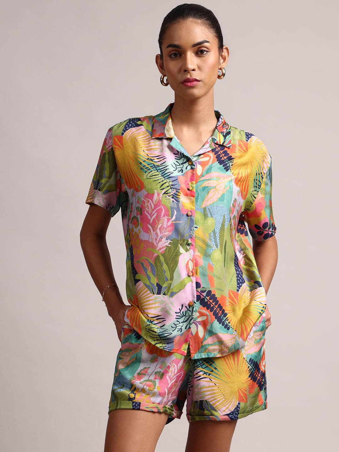 

Zaccai Women's Muslin Tropical Floral Print Shirt Style Co-Ord Set, Green