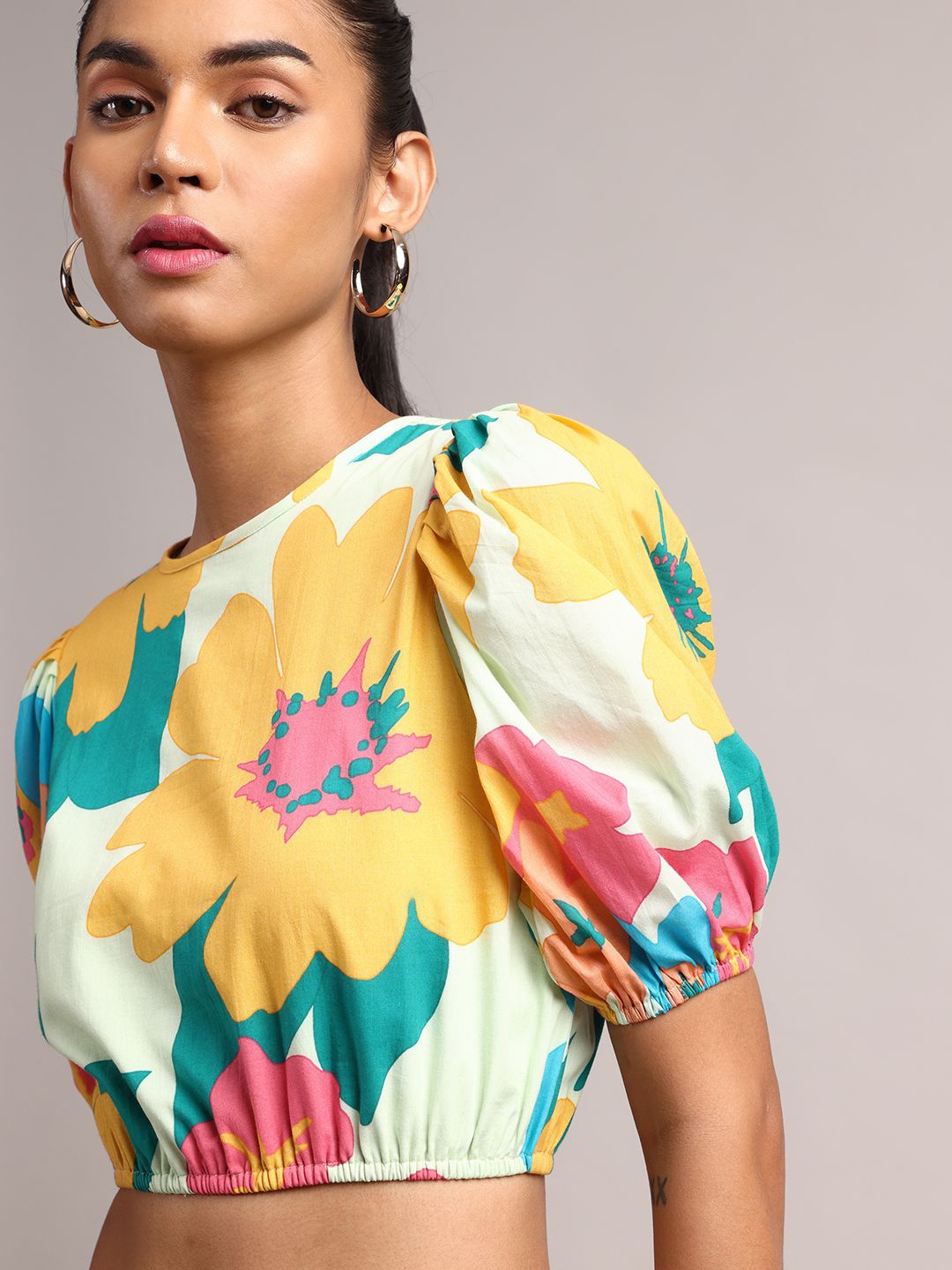 

ZACCAI Floral Printed Puff Sleeve Cotton Crop Top, Green