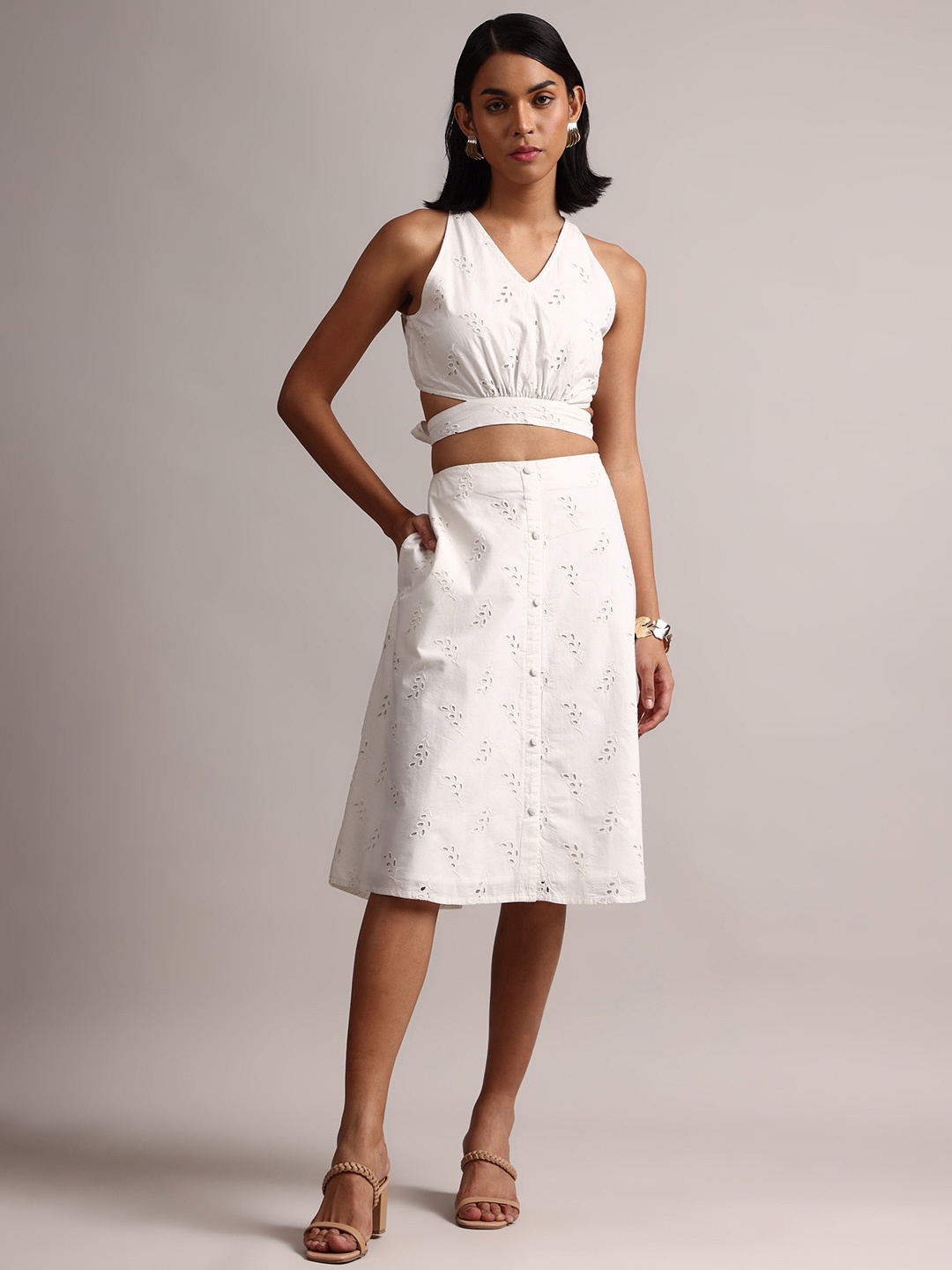 

ZACCAI Embroidered Pure Cotton Top With Skirt, White