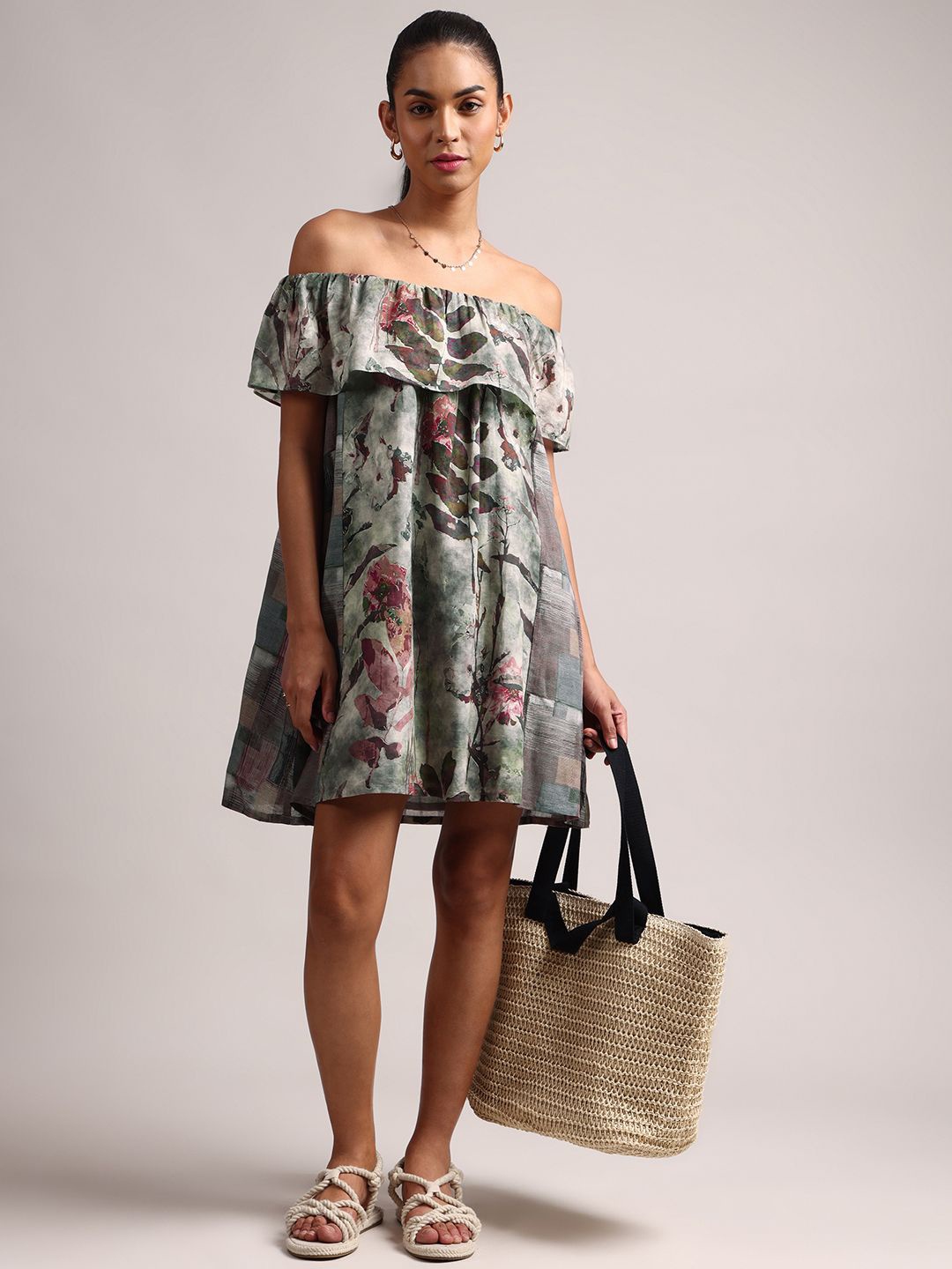 

Zaccai Women's Grey Cotton Linen Floral Printed Off Shoulder Dress