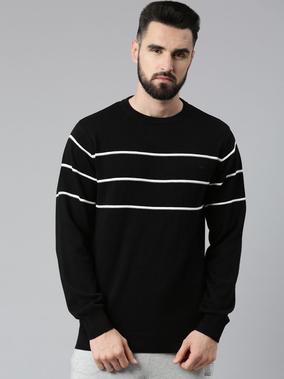 

Proline Men Striped Woollen Pullover, Black