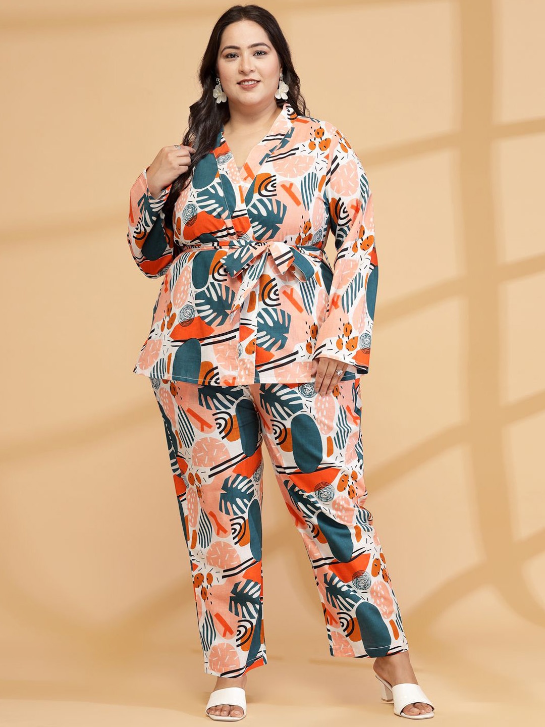 

Sringam Plus Size Tropical Printed Pure Cotton Shirt With Trousers, Green
