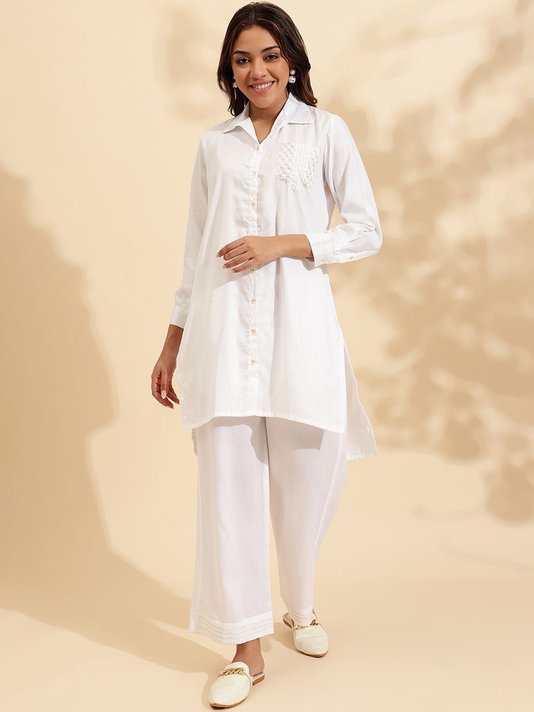 

Sringam Embroidered Shirt Collar Pure Cotton Tunic & Trousers, White