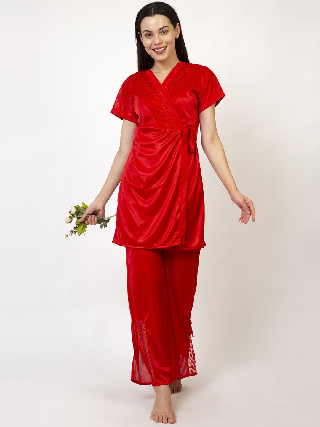 

AVYAY Women Satin Night Suit with Robe, Red