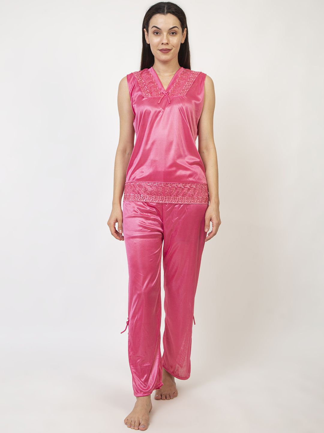 

AVYAY Women Satin Night Suit with Robe, Fuchsia
