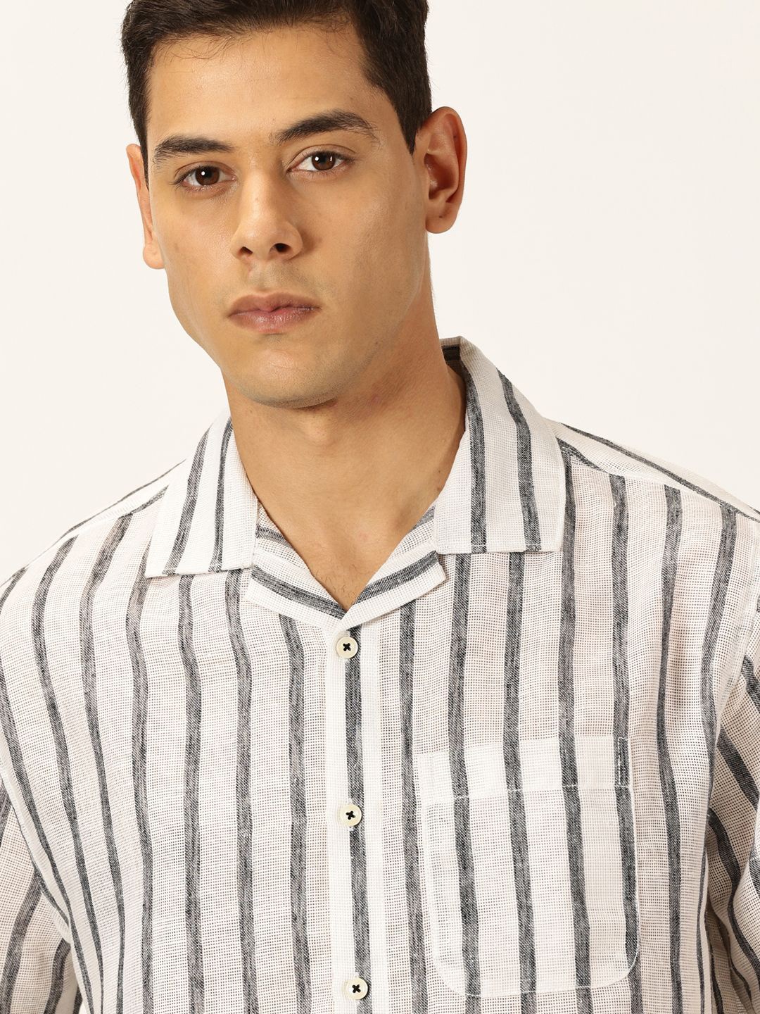 

Thomas Scott Men Premium Vertical Stripes Cotton & Linen Casual Shirt, White