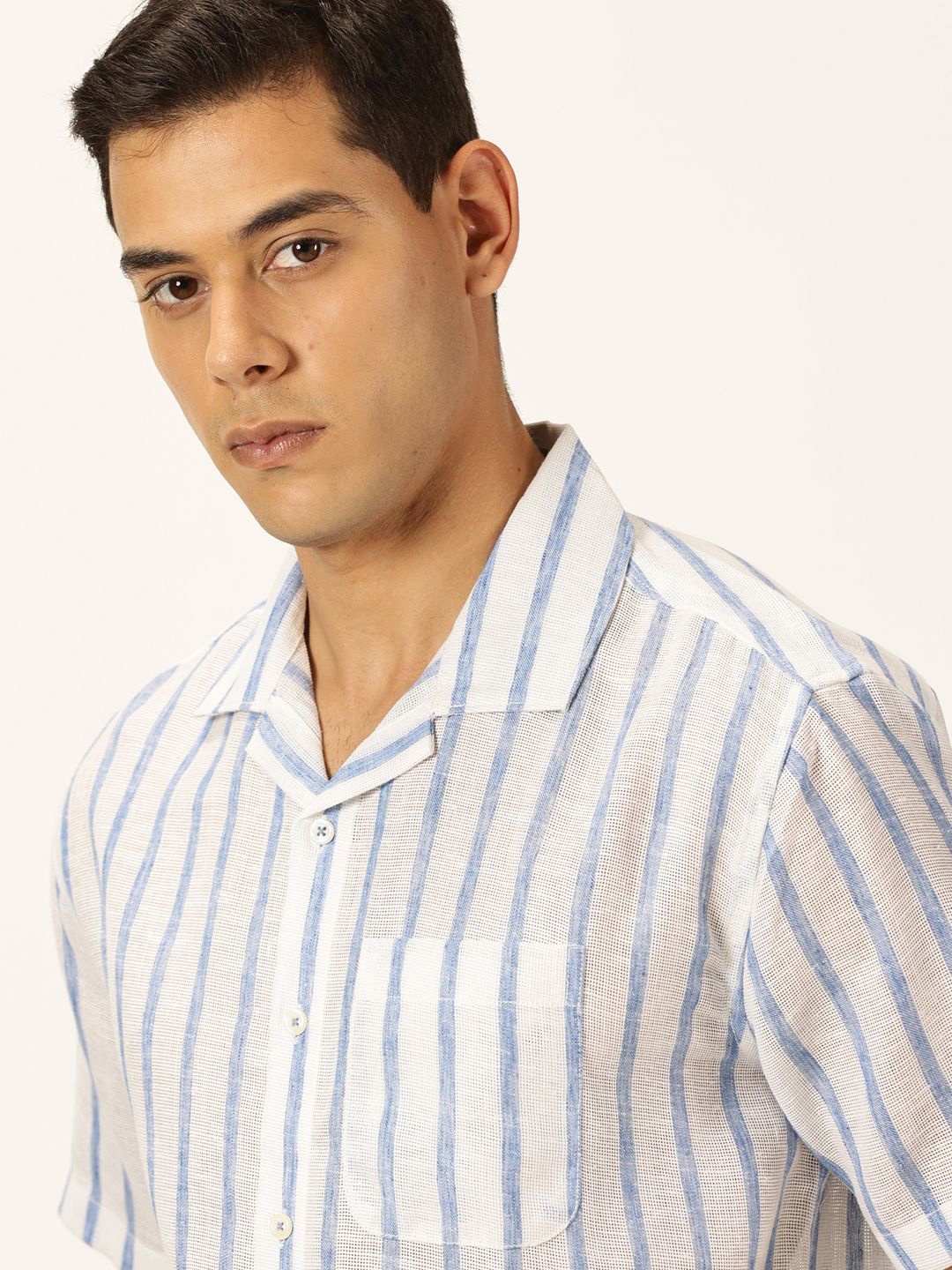 

Thomas Scott Men Premium Vertical Stripes Cotton & Linen Casual Shirt, Blue