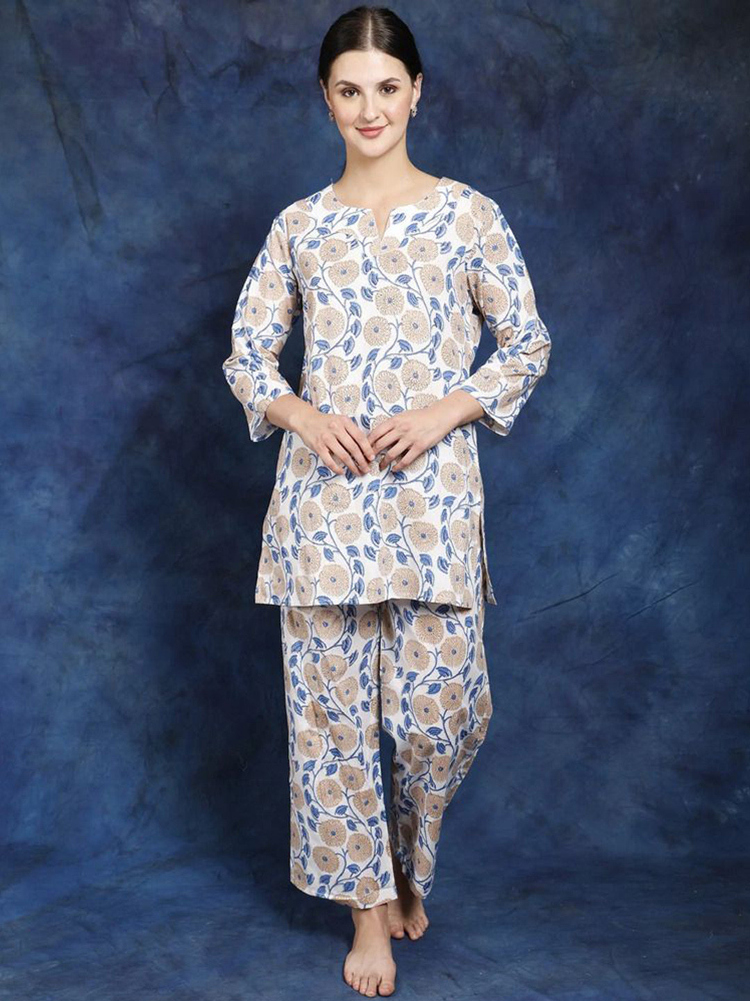 

Exotic India Printed Pure Cotton Night Suit, White