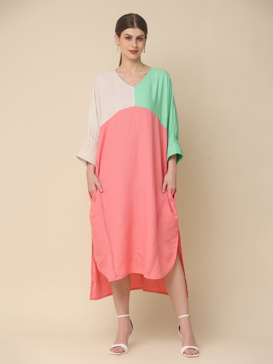 

Zolo Label Colourblocked Cotton Kaftan Midi Dress, Peach