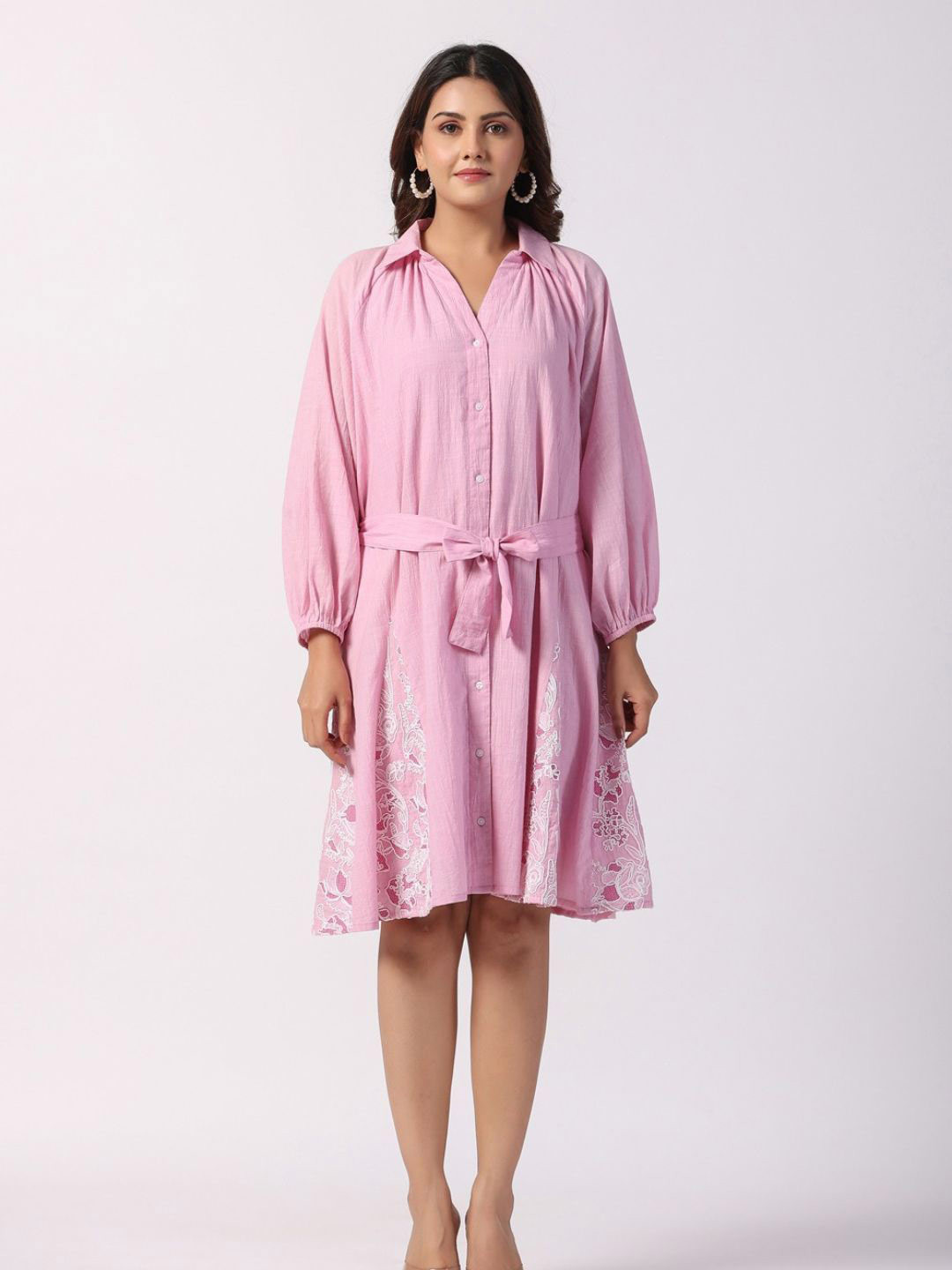 

Zolo Label Embroidered Cuffed Sleeve Cotton Shirt Dress With Belt, Pink