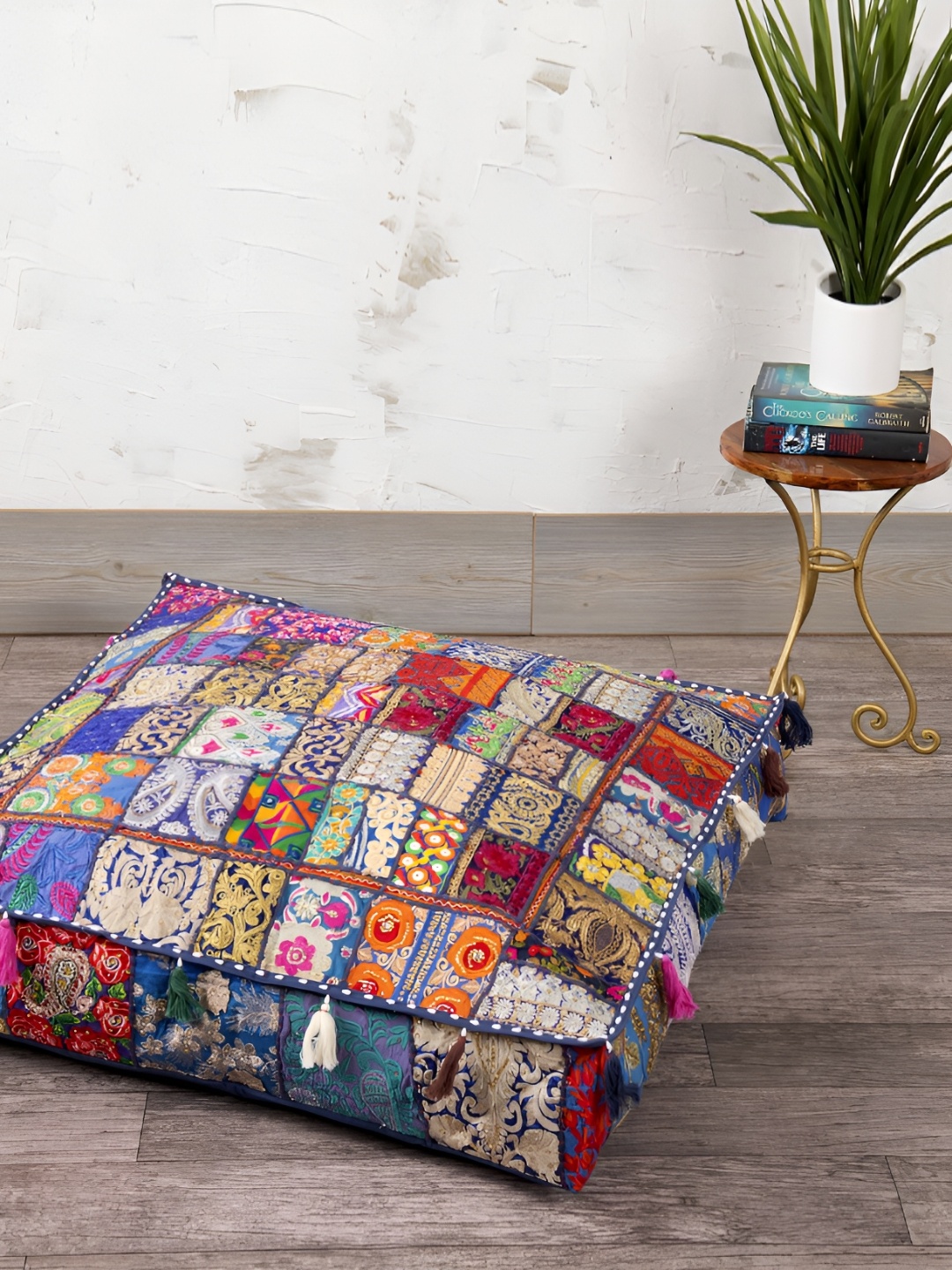 

HANDICRAFT PALACE Blue Embroidered Square Cotton Floor Cushion