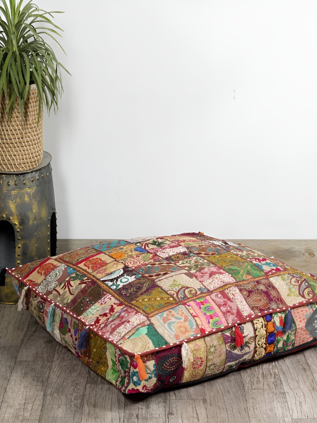 

HANDICRAFT PALACE Brown Embroidered Square Cotton Floor Cushion