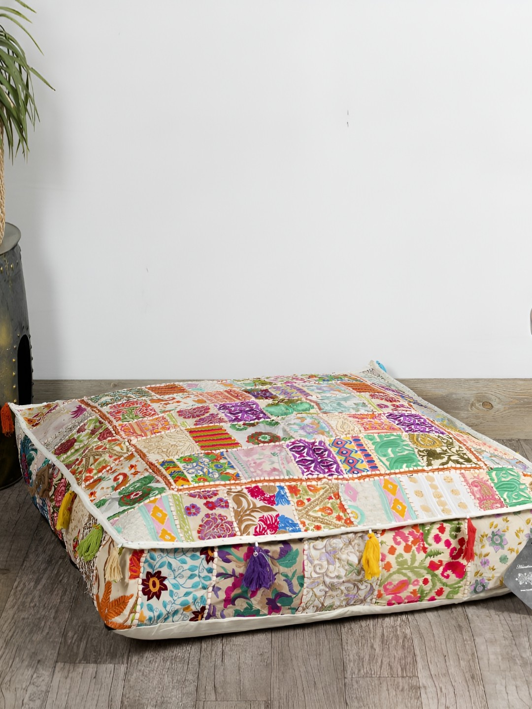 

HANDICRAFT PALACE White Embroidered Square Cotton Floor Cushion